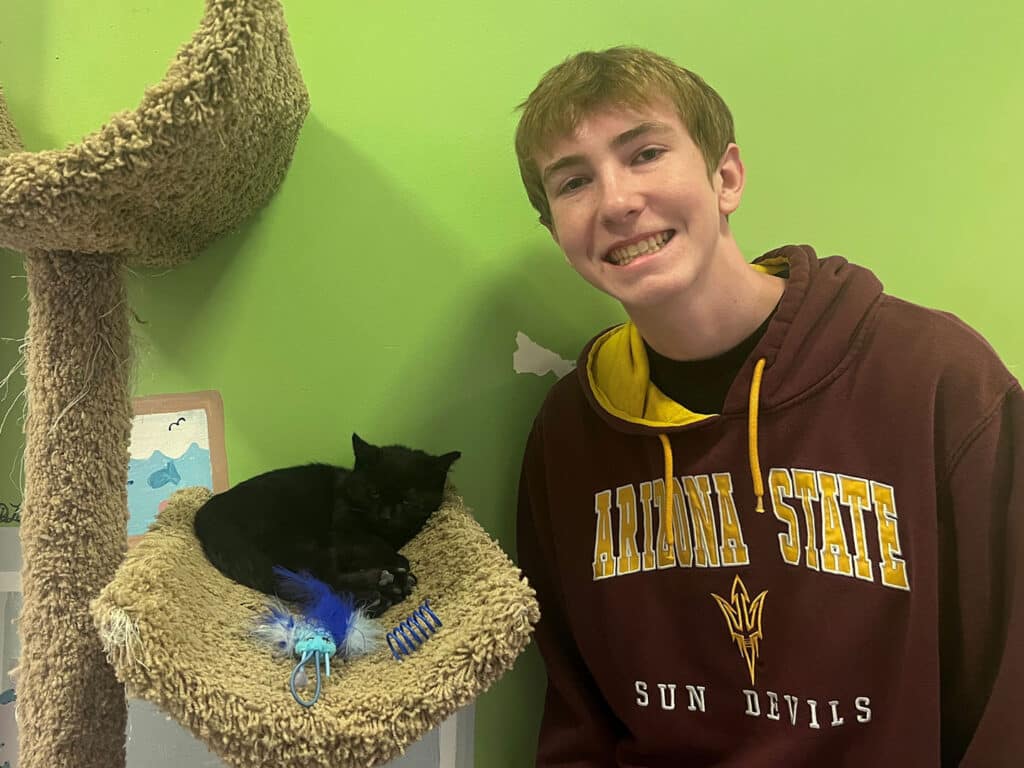 A smiling teenage boy in a maroon Arizona State sweatshirt stands next to a sleeping black cat on a cozy cat perch, with a green wall and some cat toys visible in the background.