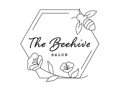 A line art logo for The Beehive Salon featuring a hexagonal outline with flowers and a bee. The text reads "The Beehive" in a cursive font and "SALON" in a simple, bold font beneath it.