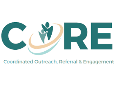 The image features the acronym 'CORE', styled with teal and light brown colors. Below the acronym, it states 'Coordinated Outreach, Referral & Engagement'. An abstract figure representing a person is included in the design, symbolizing support and connection.