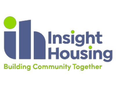 Logo for Insight Housing, featuring the letters 'ih' in blue with a green circle above the 'i'. Below, the text reads 'Insight Housing' in bold blue and 'Building Community Together' in green.
