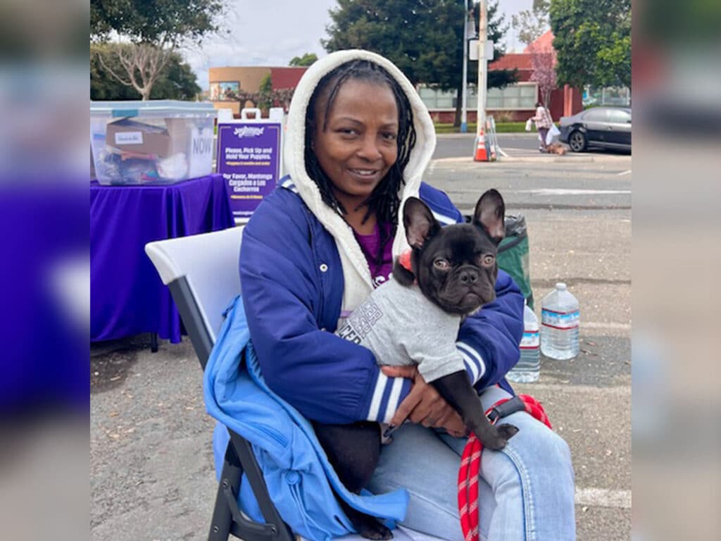 A woman sitting in a folding chair outdoors holds a small French Bulldog wearing a sweater. She has long dark hair and is dressed in a blue jacket. In the background, there are tables with food items and a purple tablecloth.