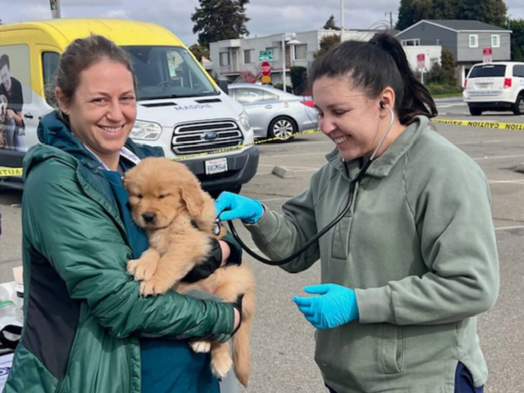 Two women in outdoor clothing smiling while interacting with a golden retriever puppy. One woman holds the puppy, while the other listens to its heartbeat with a stethoscope. A vehicle and other parked cars are visible in the background.