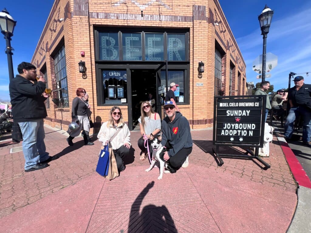 A group of three people sitting on the sidewalk in front of a brewery, holding a small dog. A sign reads 'Joybound Adoption' promoting pet adoptions. People are visible in the background, enjoying the outdoor space.