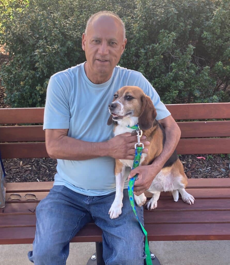 A man sitting on a bench outdoors, gently holding a Beagle dog with a green leash. The setting includes greenery in the background, reflecting a calm environment conducive to pet adoptions.