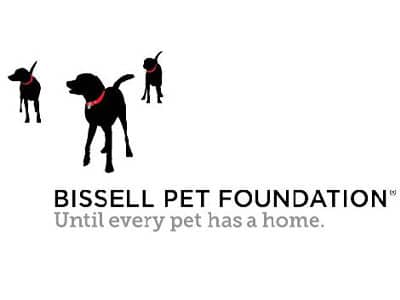 Logo of the Bissell Pet Foundation featuring three black dogs with red collars, accompanied by the text "BISSELL PET FOUNDATION" and the tagline "Until every pet has a home." The design emphasizes animal welfare and advocacy.