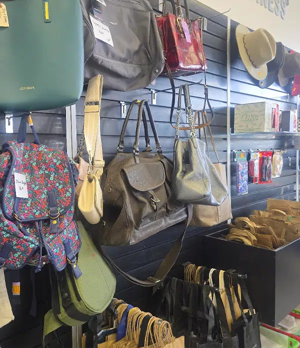 A display at Joybound thrift store showcasing various handbags, backpacks, and satchels. The items are hung on a wall with a dark background, while a collection of smaller bags is visible in a container at the bottom.