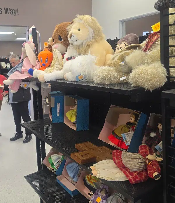 A display of various stuffed animals and dolls arranged on shelves in Joybound thrift store, including a lion plush and a variety of toy dolls in colorful outfits, with customers browsing in the background.