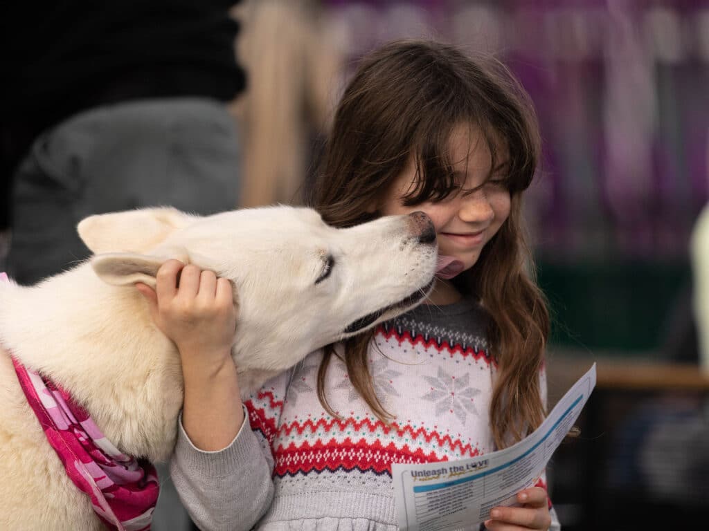A young girl holding a paper smiles while a white dog gently licks her cheek. The girl has long brown hair and is wearing a festive sweater with a red and white pattern. The background appears blurred with people and colors.