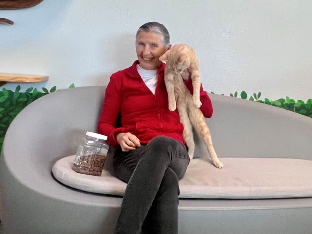 A woman wearing a red zip-up jacket sits on a gray couch, holding an orange cat with a relaxed posture. A jar of treats is positioned beside her on the couch, and green foliage decorates the background.
