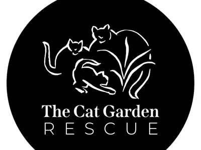 Logo of The Cat Garden Rescue featuring three stylized cat figures and grass elements on a black background. The design emphasizes community support for cat welfare.