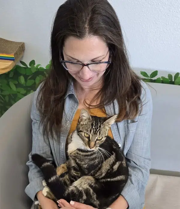 A woman wearing glasses is sitting on a couch, holding a tabby cat in her lap. The setting appears cozy and welcoming, featuring a green plant design in the background. This image relates to Joybound thrift store, which supports cat adoption.