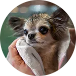 A small dog wrapped in a soft towel, being gently held by a person's hand. The dog's large eyes and perky ears are visible, indicating a calm demeanor. The image relates to dog grooming, showcasing a caring environment for pets.