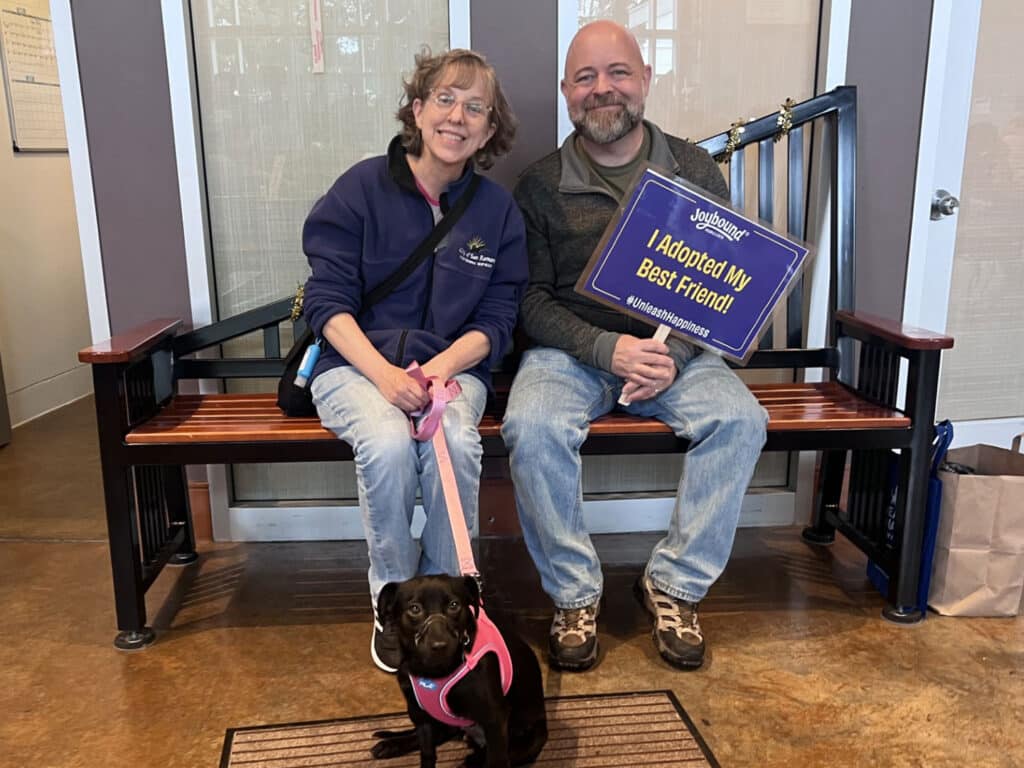 A smiling woman and man sitting on a wooden bench inside an animal shelter. The woman holds a sign reading "I Adopted My Best Friend!" A black dog wearing a pink harness sits in front of them, looking toward the camera.