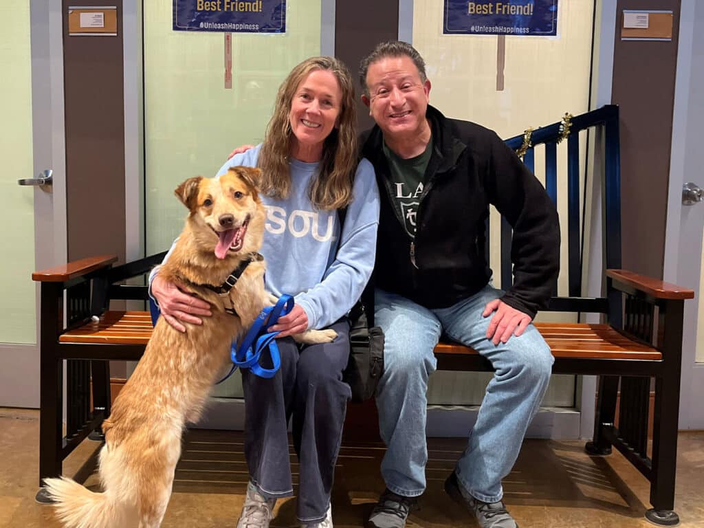 A woman and a man sit together on a bench with a smiling dog in front of them. The woman has long wavy hair and is wearing a light blue sweatshirt. The man has short hair and is dressed in a black jacket and gray pants. The background features animal adoption signage.