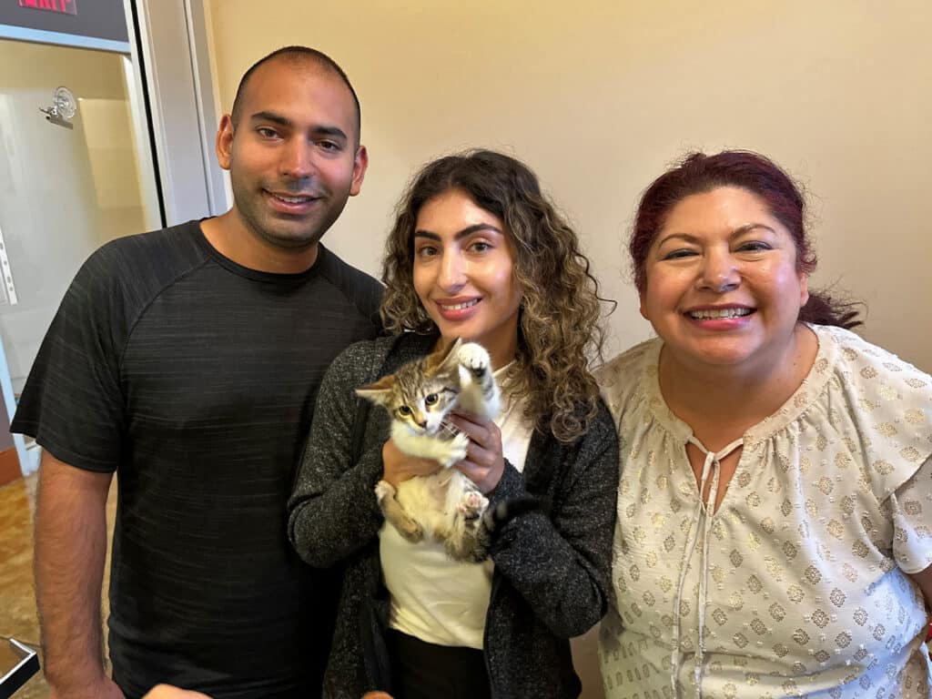 Three individuals pose together in a bright room. A man and a woman stand on either side of a woman holding a small calico kitten. The man wears a black t-shirt, the woman on the right has long dark hair, while the woman holding the kitten has curly hair.