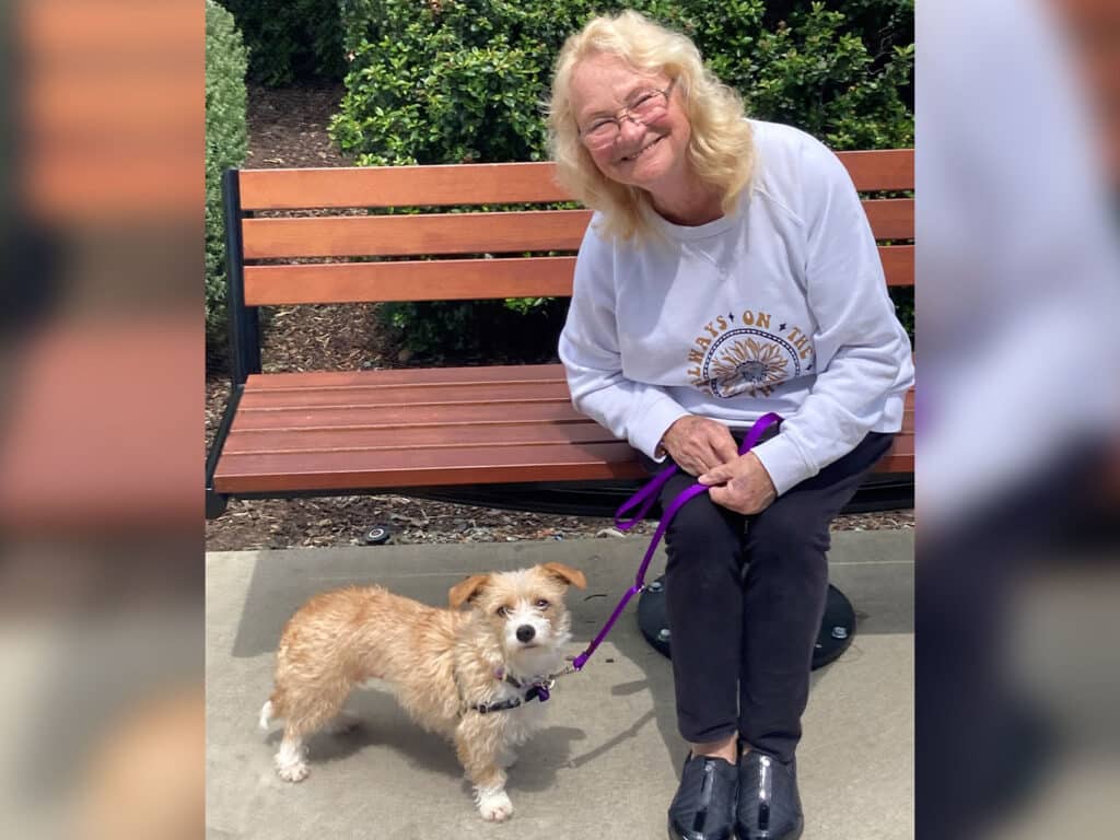 A smiling woman with blonde hair, wearing a white sweatshirt and black pants, sits on a wooden bench beside a small brown dog. The dog has a purple leash and is standing on a paved area, with bushes visible in the background.