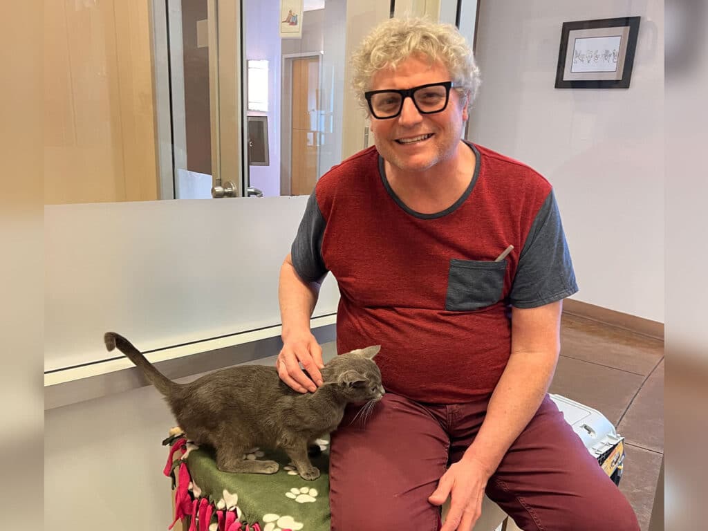 A man with curly hair and glasses sits on a stool in a room, smiling while petting a gray cat resting beside him on a cushioned surface. The background features a soft lighting and framed pictures on the wall.