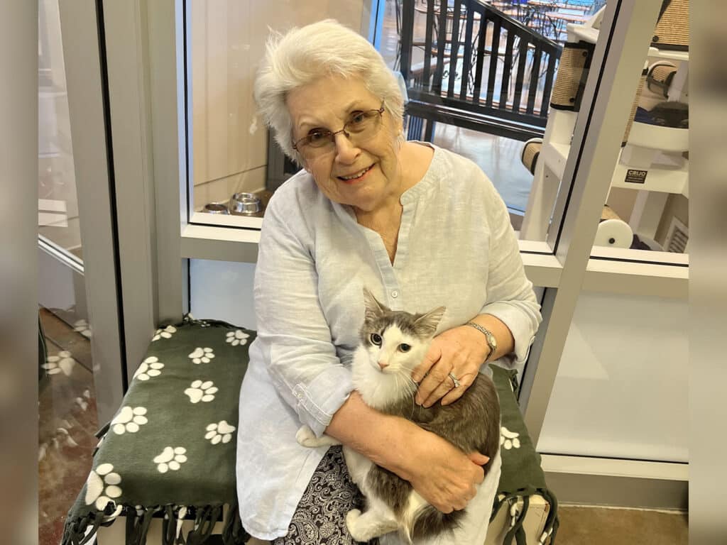 An elderly woman with gray hair and glasses sits on a bench, holding a gray and white cat in her lap. She wears a light blue blouse and smiles at the camera. The background shows a bright interior, with windows and pet-related items.