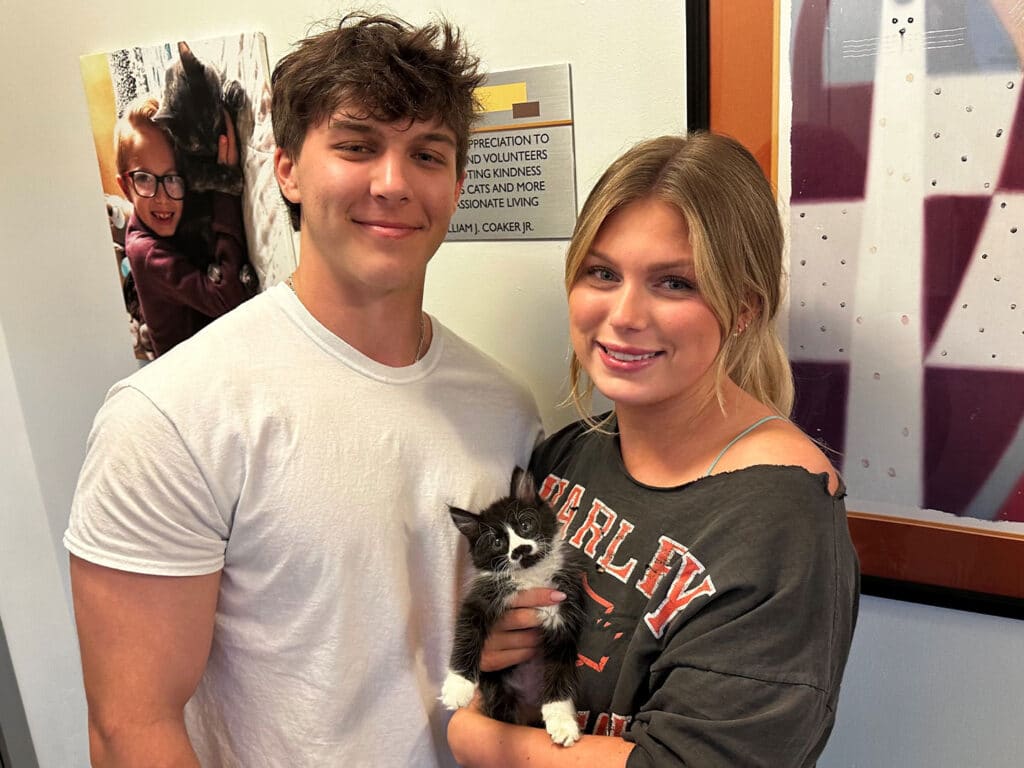 A young man and woman stand together in an indoor space, smiling and holding a small black-and-white kitten. The background features a wall with posters and framed images related to pet adoption.