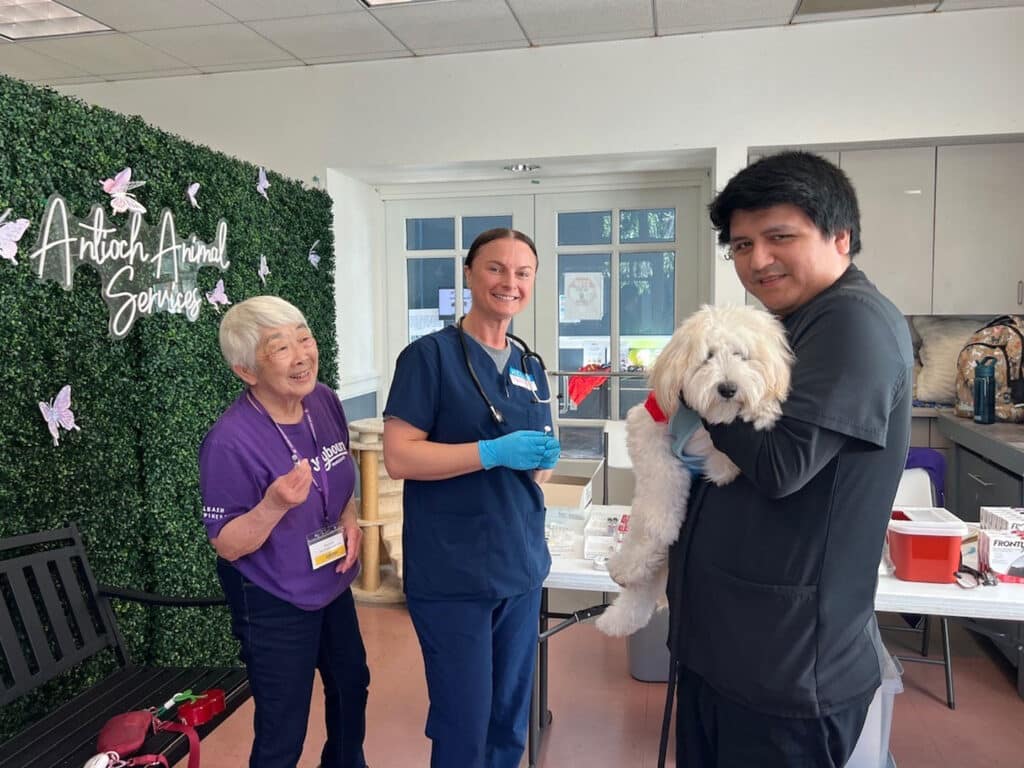 A small dog is being held by a man in a black shirt at a vaccine clinic. A woman in scrubs smiles at them while another woman in a purple shirt stands nearby. The background features a green wall with the words "Antioch Animal Services".