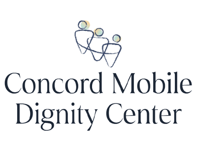 Logo of the Concord Mobile Dignity Center featuring three stylized figures with circular heads, representing community and support. The name of the center is displayed in bold letters below the figures.
