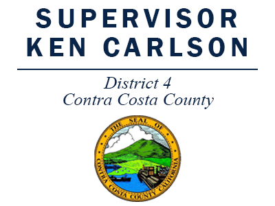 Logo featuring the name "Supervisor Ken Carlson" prominently displayed at the top. Below, it lists "District 4" and "Contra Costa County". The county seal includes a depiction of hills and a waterfront in a circular design.