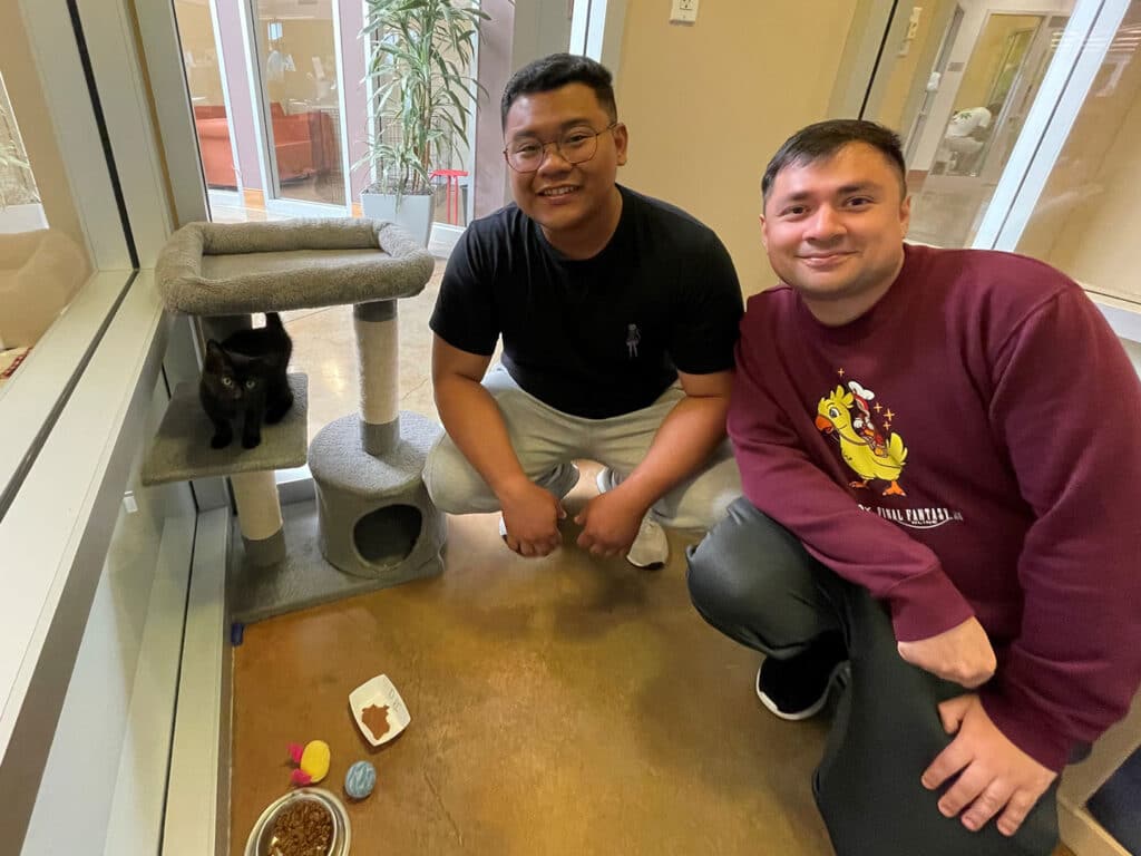 Two men are kneeling beside a cat tree in an animal shelter. One man wears a black shirt and light pants, while the other wears a maroon sweatshirt. A black cat sits on the tree, and there are dishes of food and toys on the floor.