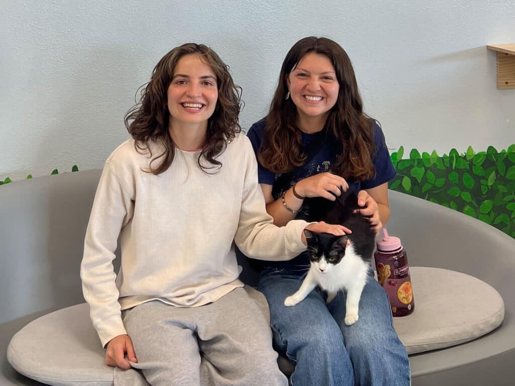 Two women sit on a gray sofa. One woman, in a light sweater and gray pants, smiles while touching a black and white cat. The other woman, in a dark t-shirt and blue jeans, also smiles and holds the cat. A green plant decorates the background.