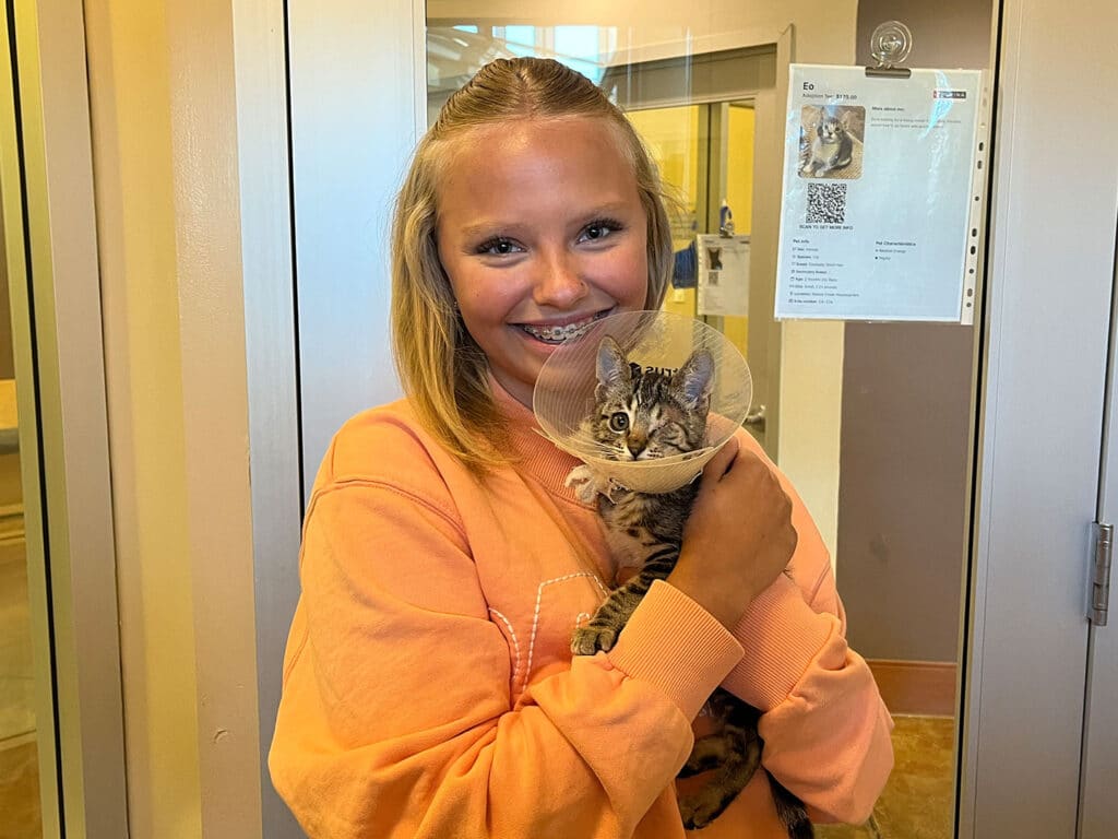 A girl wearing an orange sweatshirt holds a small, striped kitten with a cone collar. They are inside a room with glass doors, and a bulletin board with pet information is visible in the background.