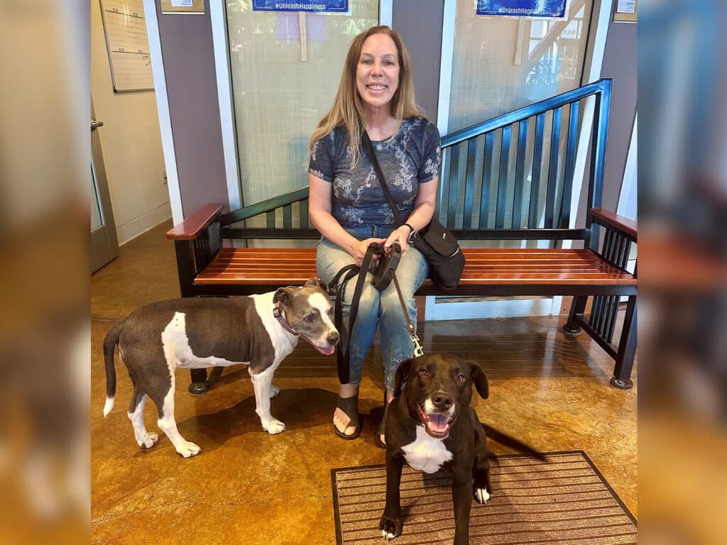 A woman with long brown hair smiles while sitting on a bench between two dogs, a gray and white pit bull and a black dog. They are in a pet-friendly indoor space with a decorative floor and wooden benches.
