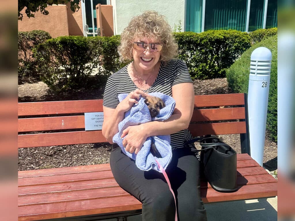 A woman with curly hair wearing a black and white striped shirt sits on a wooden bench, holding a small dog wrapped in a blue blanket. The background features neatly trimmed bushes and a building with large windows.