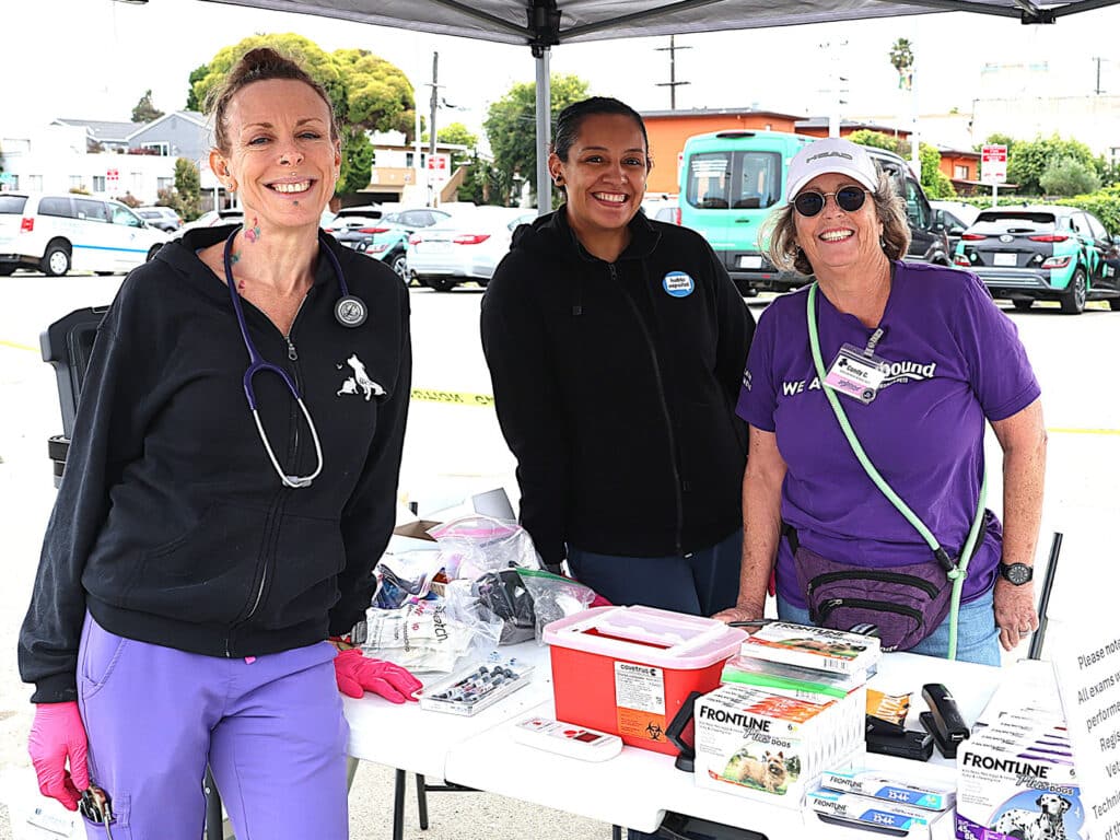 Three women stand behind a table at a vaccination clinic. The woman on the left wears a black jacket and purple pants, the woman in the center wears a black hoodie, and the woman on the right is in a purple shirt and sunglasses. The table is covered with medical supplies and informational material.