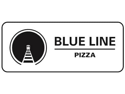A rectangular logo featuring the text "BLUE LINE" above the word "PIZZA." A stylized image of a train track is outlined in a circular shape to the left, all in a monochromatic black and white color scheme.