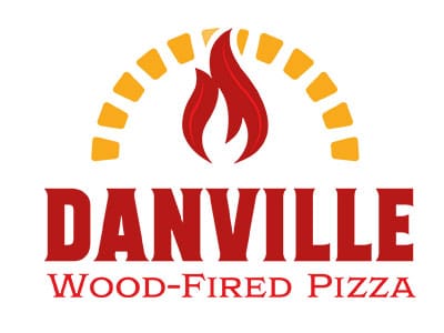 The logo of Danville Wood-Fired Pizza features the word "DANVILLE" in bold red letters, with a flame graphic above it. An arc of yellow semicircles surrounds the orange flame, representing a wood-fired oven.