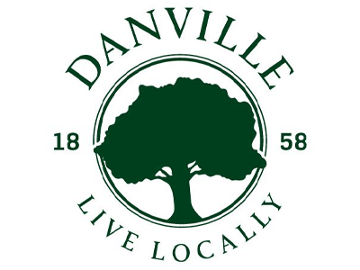 The logo features a stylized green tree centered between the words "DANVILLE" at the top and "LIVE LOCALLY" at the bottom. The year "1858" is displayed on the left and right sides of the tree, all enclosed in a circular border.