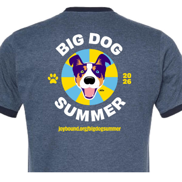 A navy blue t-shirt featuring a colorful graphic of a dog's face within a circular design. The text reads "BIG DOG SUMMER 2026" and a paw print is also included. The bottom includes a website link for pet adoption: joybound.org/bigdogsummmer.