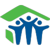 A blue and green logo featuring three diverse human figures with outstretched arms, symbolizing community engagement and support. The background includes a stylized building and a green hill.