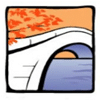 An illustration of a white arched bridge spanning over a body of water, with orange autumn leaves in the background and a gradient sky transitioning from light orange to yellow. The design features bold outlines and simplified shapes.