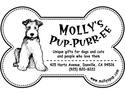 A logo shaped like a dog bone featuring a sketch of a dog and the text "Molly's Pup-Purr-ee" above. The design includes a tagline stating "Unique gifts for dogs and cats and people who love them," along with the address and website details.