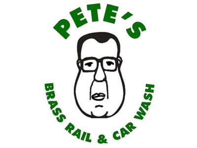 A cartoon-style logo featuring a round-faced man with glasses. The text reads "PETE'S BRASS RAIL & CAR WASH" in green around the illustration.