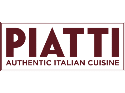 A logo for Piatti, featuring the word "PIATTI" in large maroon letters, with the words "AUTHENTIC ITALIAN CUISINE" in smaller letters underneath. The logo has a clean, modern design on a light background.