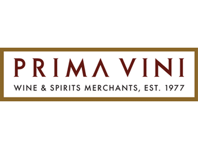The logo of Prima Vini, a wine and spirits merchant, features the text "PRIMA VINI" in bold, red letters above the words "WINE & SPIRITS MERCHANTS, EST. 1977" in smaller text, all set against a white background with a gold border.