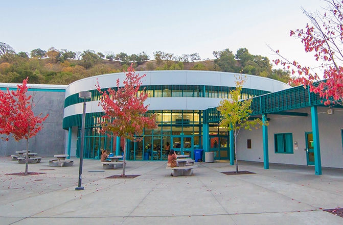 A modern building with curved architecture features large glass doors flanked by colorful trees with red and yellow leaves. Concrete tables and benches are arranged in the foreground, with a backdrop of green hills.