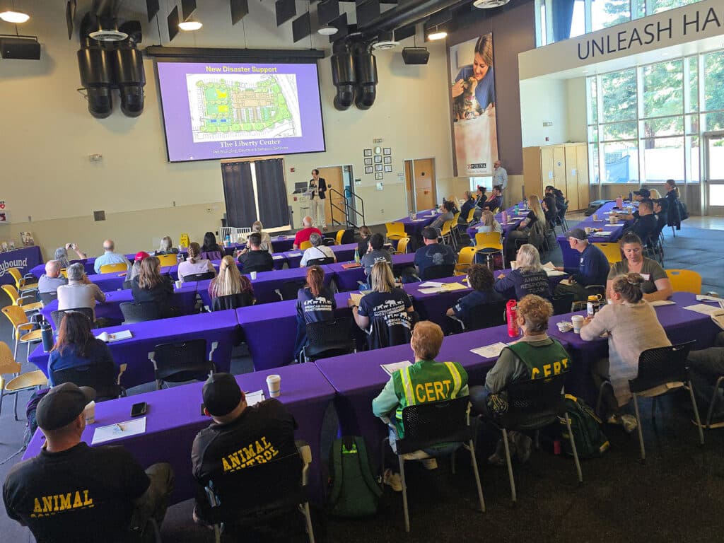 A room filled with attendees at a Disaster Response Workshop, seated at tables covered with purple tablecloths. A presenter stands by a projector displaying a map on a large screen. The background features a wall with the text 'UNLEASH HAPPINESS' and natural light coming from large windows.