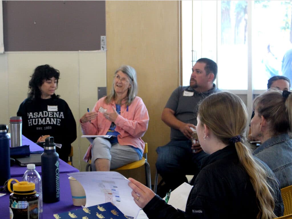 A group of four people seated at a table during a workshop. A woman in a pink cardigan speaks while three others listen attentively. The setting features a yellow chair and a table with water bottles and paperwork on a purple tablecloth.