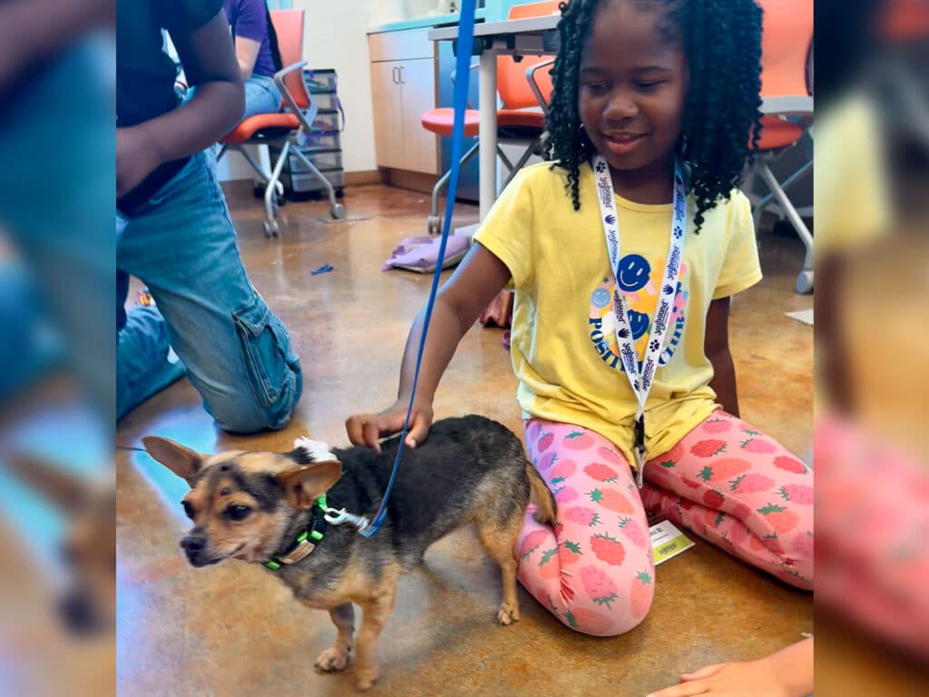 A young girl wearing a yellow shirt with a smiley face and pink pants sits on the floor next to a small brown dog wearing a harness. The girl pets the dog while other children are seen in the background, and chairs are visible around them.