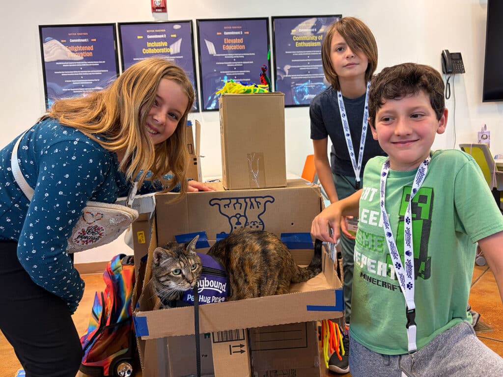 Three children pose around a cardboard box, inside which sits a brown tabby cat. A girl in a blue shirt smiles at the camera, while a boy in a green shirt and another boy in a black shirt stand beside her. The background features educational posters.