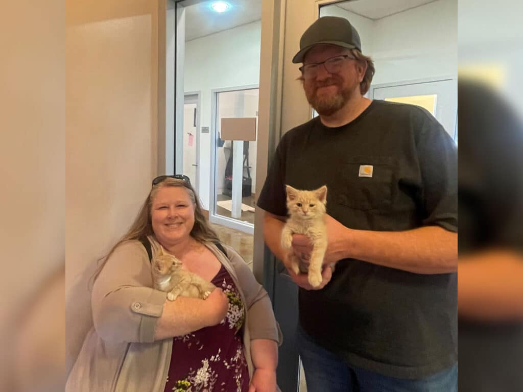 A woman with long hair wearing a purple cardigan holds a small gray kitten in her arms next to a man wearing a black t-shirt and gray hat holding an orange kitten. They are standing inside a light-colored room with large glass doors in the background.