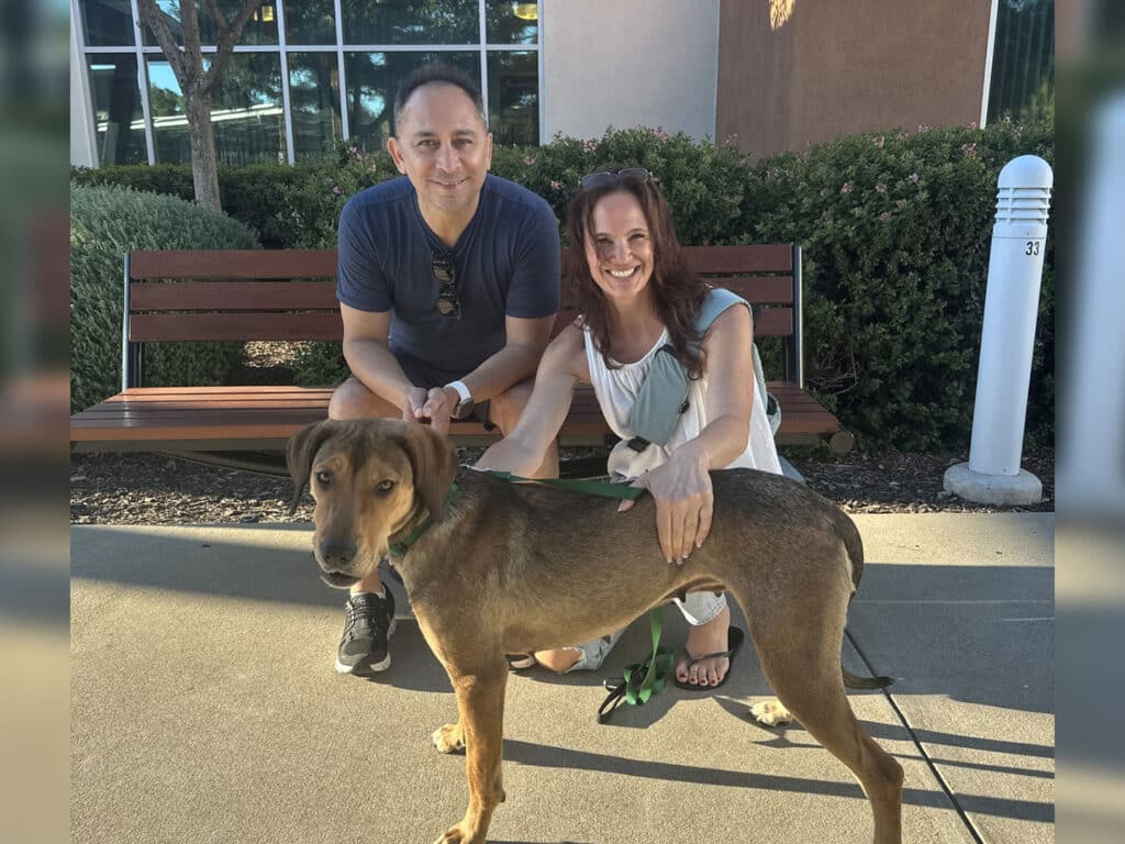 A man in a blue shirt and a woman in a white shirt pose beside a brown dog on a leash. They sit on a bench surrounded by greenery in a bright outdoor setting.