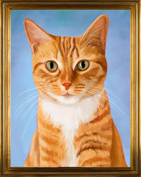 A portrait of an orange tabby cat with striking green eyes, set against a light blue background. The cat is depicted with prominent stripes and a white patch on its chest, all enclosed in a gold ornate frame.